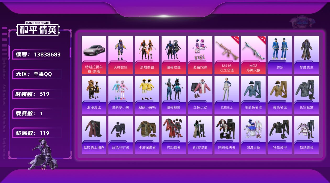 和平精英账号苹果QQ4粉装 2特效枪 1载具 3印记 可二次 可修改实名 
【热门装扮】:天禅智恒,烈焰拳霸,蓝莓炮弹,