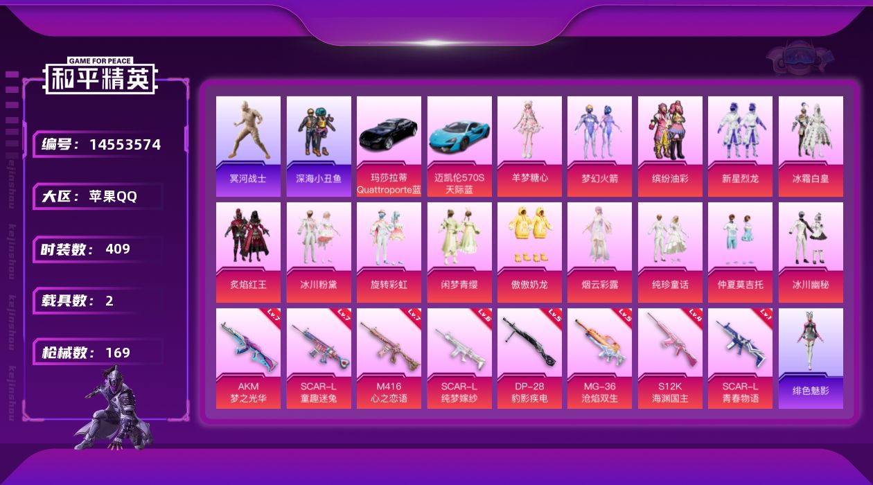 和平精英账号苹果QQ14粉装 5特效枪 2载具 11印记 可二次 可修改实名 
【热门装扮】:羊梦糖心,冥河战士(老木乃