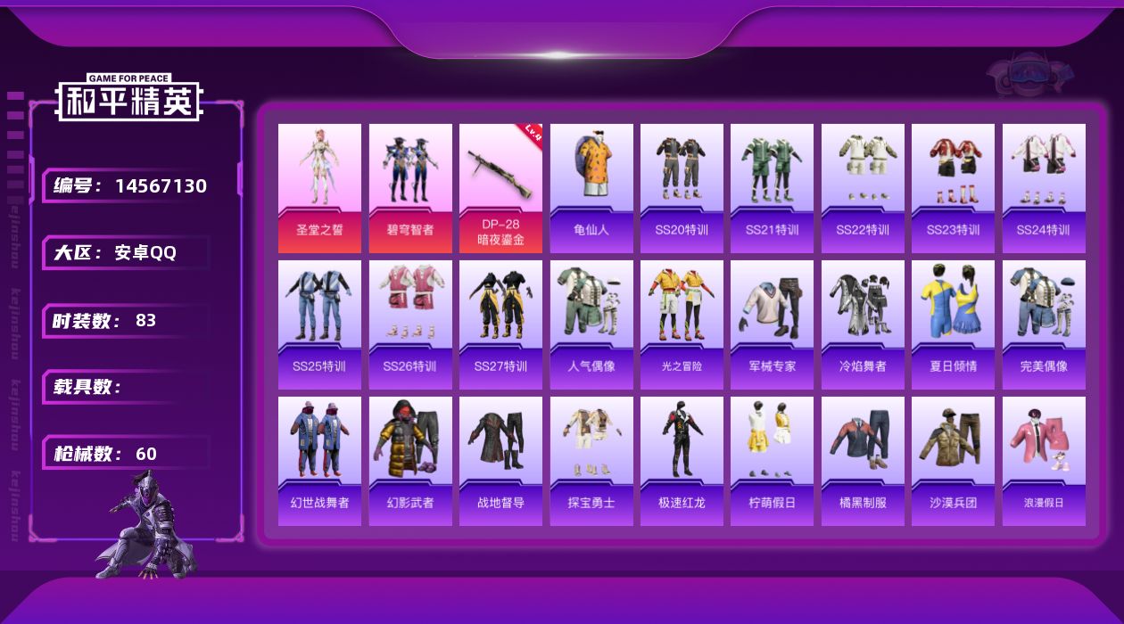 和平精英账号安卓QQ[14567130]可二次【店主推荐捡漏号！可直接换绑】 安卓 手Q-2粉装-1特效枪-1.7w热力值-4王牌印记-83套装-60枪皮【热门品类】：套装-龟仙人【粉色套装】：粉装-碧穹智者，角色-圣堂