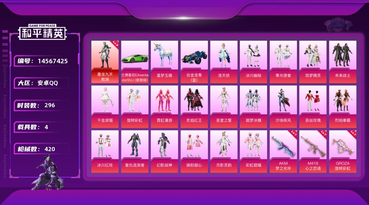 和平精英账号安卓QQ[14567425]可二次【店主推荐捡漏号！可直接换绑】/素材身法号/地铁满天赋 安卓 手Q-1神装-20粉装-13特效枪-4载具-14粉色飞行器-14.1w热力值-22王牌印记-296套装-420枪