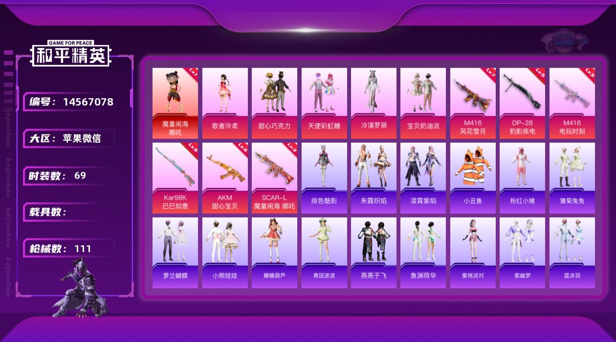 和平精英账号苹果微信[14567078]素材身法号/老木乃伊/无敌战神框2 苹果 微信-无敌战神框-1神装-5粉装-6特效枪-4粉色飞行器-3.6w热力值-11王牌印记-69套装-111枪皮【红色神装等级】：魔童闹海-哪