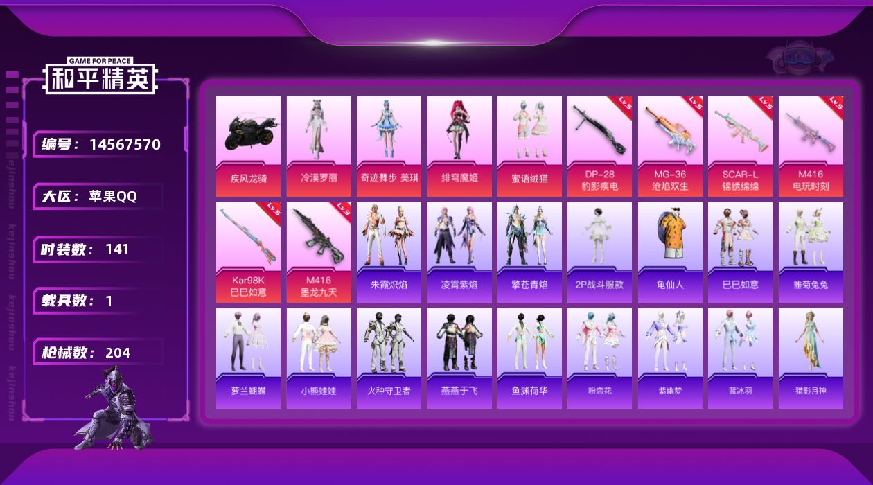 和平精英账号苹果QQ[14567570]可二次【店主推荐捡漏号！可直接换绑】/地铁满天赋 苹果 手Q-4粉装-6特效枪-1载具-7粉色飞行器-6.4w热力值-10王牌印记-141套装-204枪皮【热门品类】：角色-2P战