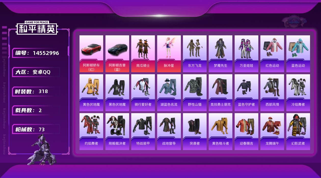 和平精英账号安卓QQ2粉装 2.0载具 可二次 
【热门装扮】东方飞龙,梦魇先生,万圣娃娃,南瓜骑士,脉冲星 
【载具】