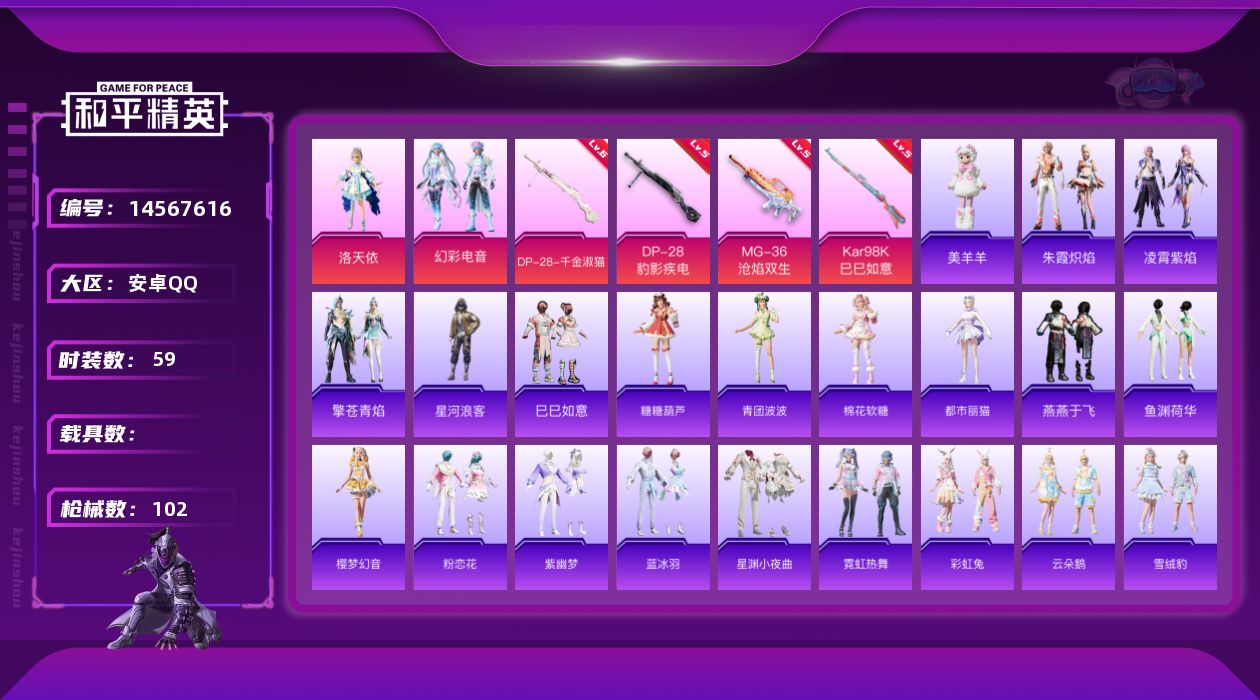 和平精英账号安卓QQ[14567616]地铁满天赋【特价急出/详情看图】：安卓 手Q-2粉装-5特效枪-2.9w热力值-5王牌印记-59套装-102枪皮【热门品类】：套装-星河浪客【粉色套装】：角色-洛天依，粉装-幻彩电