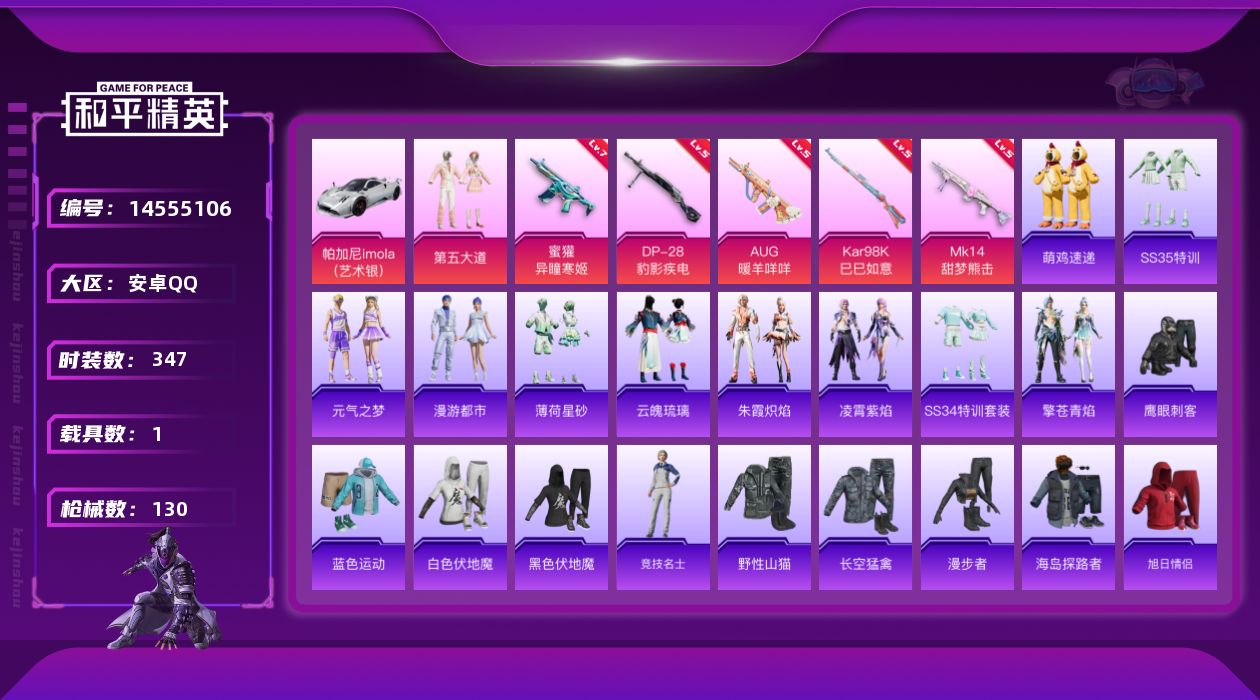 和平精英账号安卓QQ[14555106]1粉装 5特效枪 1载具 3印记 可二次 可修改实名 
【热门装扮】:第五大道,