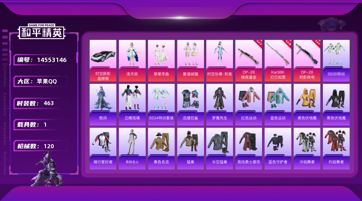 和平精英账号苹果QQ4粉装 3特效枪 1载具 13印记 可二次 可修改实名 
【热门装扮】:时空协奏·和音,洛天依,挚爱