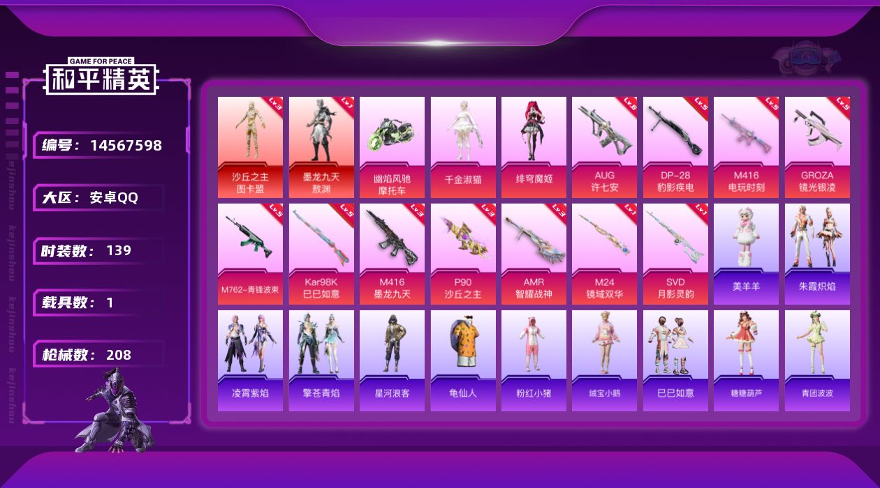 和平精英账号安卓QQ[14567598]【店主推荐捡漏号！可直接换绑】/素材身法号 安卓 手Q-2神装-2粉装-11特效枪-1载具-6粉色飞行器-6.5w热力值-10王牌印记-139套装-208枪皮【红色神装等级】：墨龙