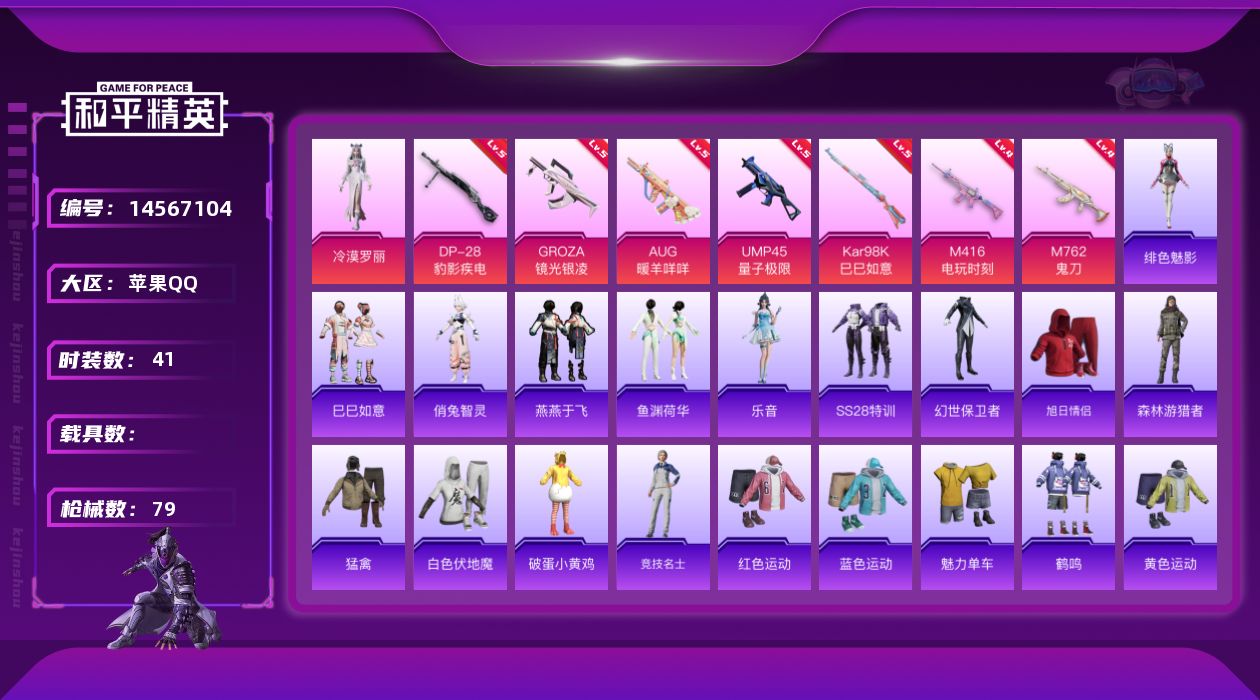 和平精英账号苹果QQ[14567104]可二次【店主推荐捡漏号！可直接换绑】 苹果 手Q-1粉装-8特效枪-1粉色飞行器-2.1w热力值-3王牌印记-41套装-79枪皮【粉色套装】：角色-冷漠罗丽【粉色枪皮等级】：M41