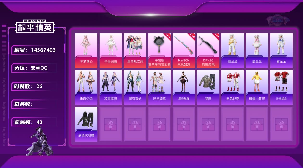 和平精英账号安卓QQ[14567403]【店主推荐捡漏号！可直接换绑】 安卓 手Q-3粉装-3特效枪-1.1w热力值-2王牌印记-26套装-40枪皮【粉色套装】：角色-千金淑猫，粉装-星穹咏叹调，角色-羊梦糖心【粉色枪皮