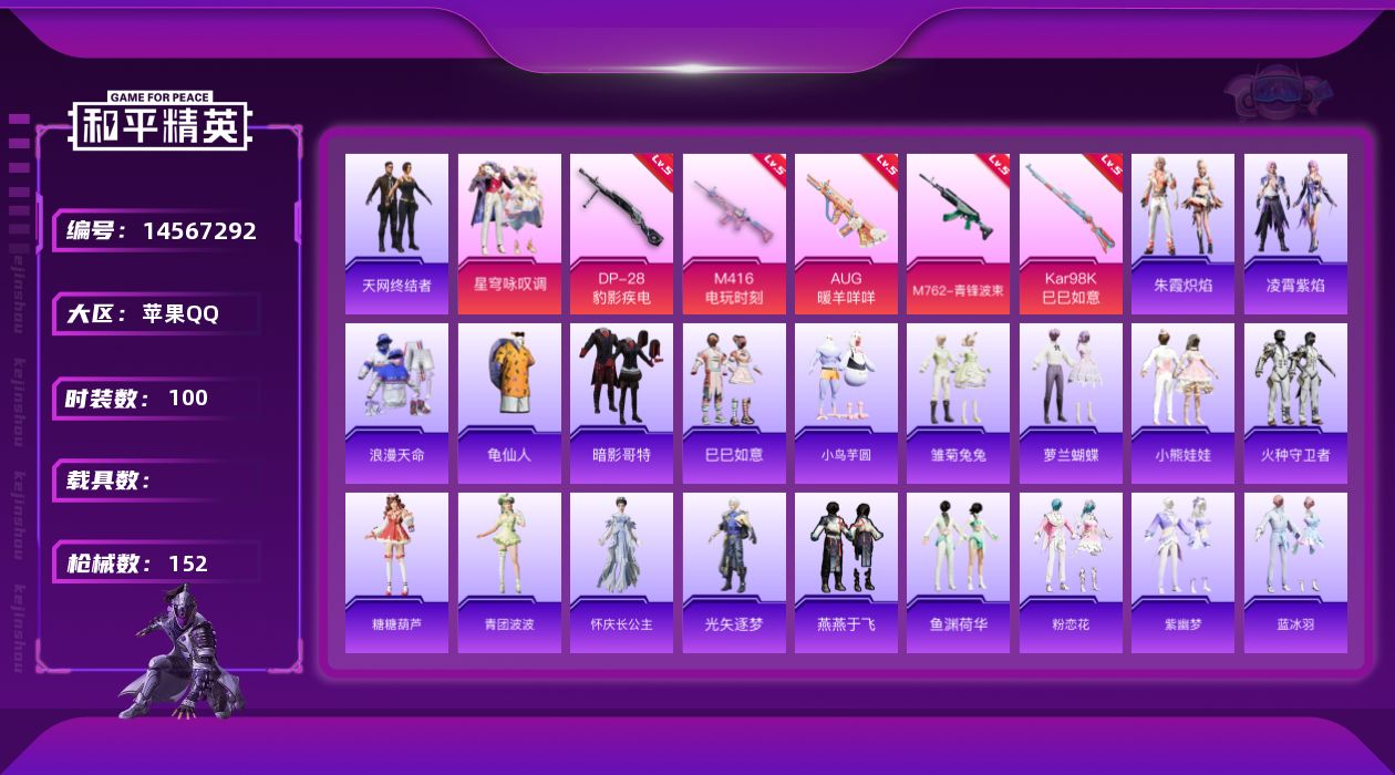 和平精英账号苹果QQ[14567292]【店主推荐捡漏号！可直接换绑】/地铁满天赋 苹果 手Q-1粉装-6特效枪-1粉色飞行器-3.9w热力值-10王牌印记-100套装-152枪皮【热门品类】：套装-浪漫天命，套装-天网