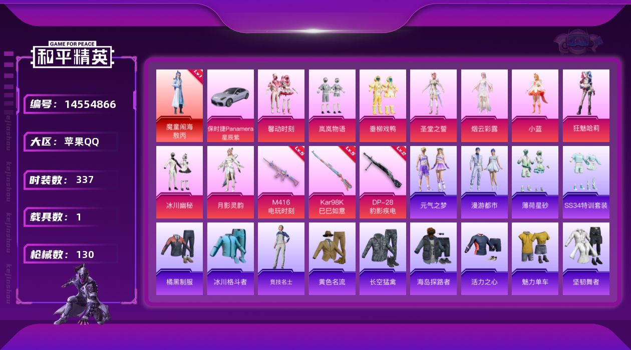 和平精英账号苹果QQ[14554866]1红装 9粉装 3特效枪 1载具 10印记 可二次 可修改实名 
【一级神装】: