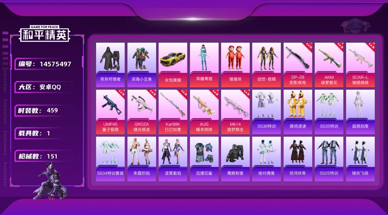 和平精英账号安卓QQ实名: 可修改 时装数: 117 载具数: 1 枪械数: 151 战备数: 114 热门装扮: 猪猪