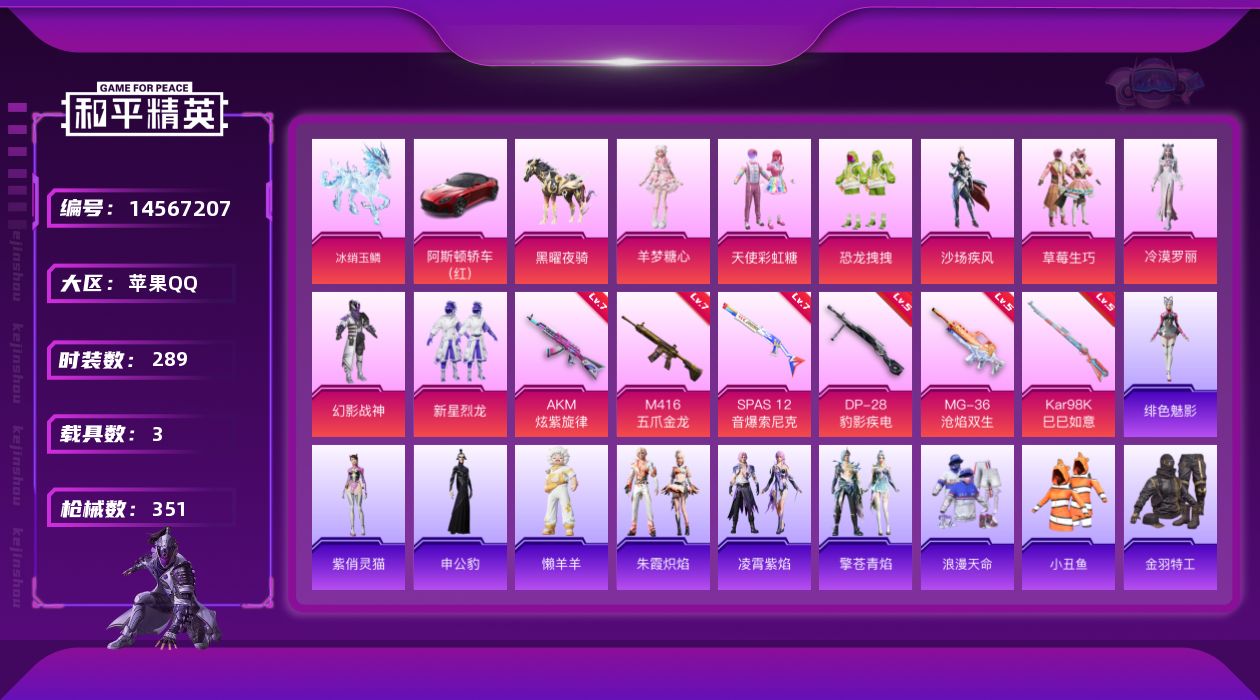 和平精英账号苹果QQ[14567207]可二次【店主推荐捡漏号！可直接换绑】/素材身法号/绝世印记3 苹果 手Q-8粉装-6特效枪-3载具-4粉色飞行器-11w热力值-27王牌印记-289套装-351枪皮【热门品类】：绝