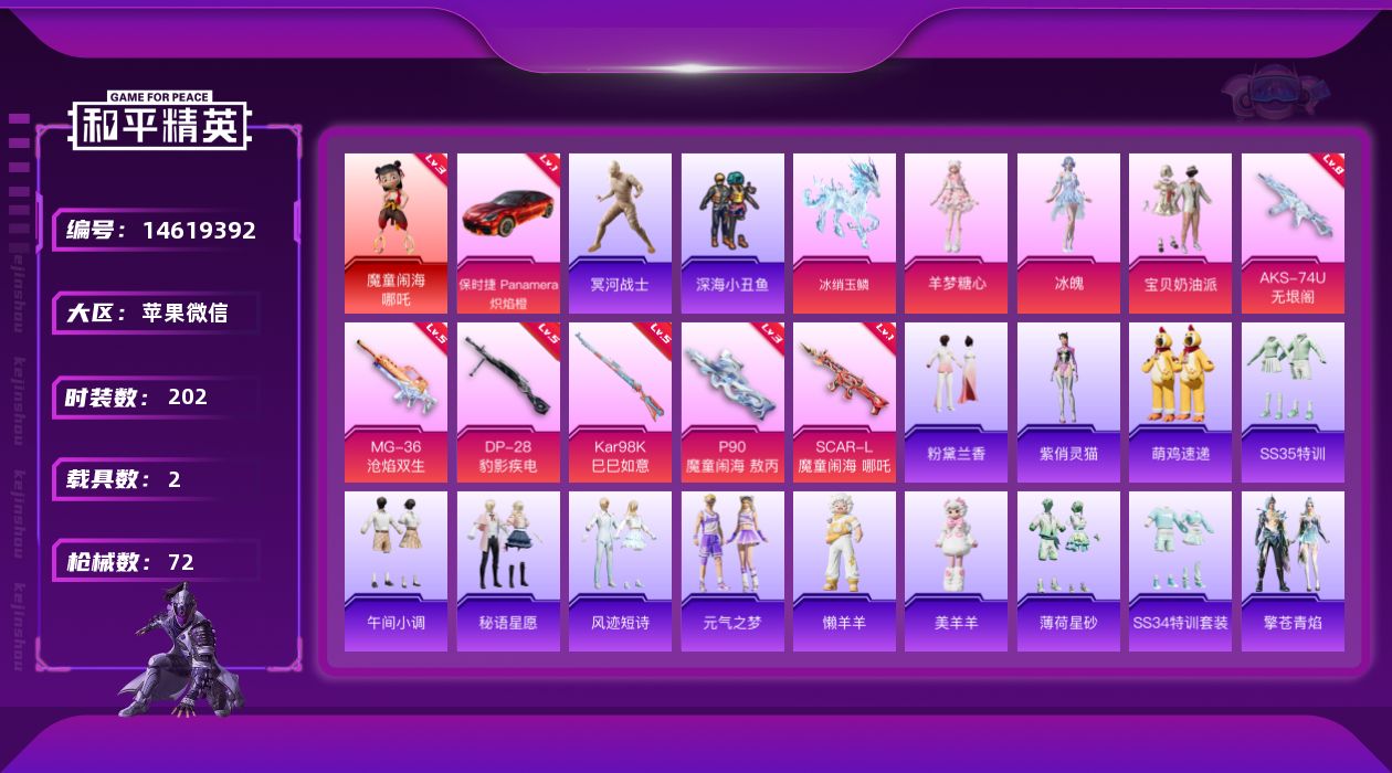 和平精英账号苹果微信[14619392]1红装 3粉装 6特效枪 2载具 4印记 可二次 可修改实名  红装碎片1929