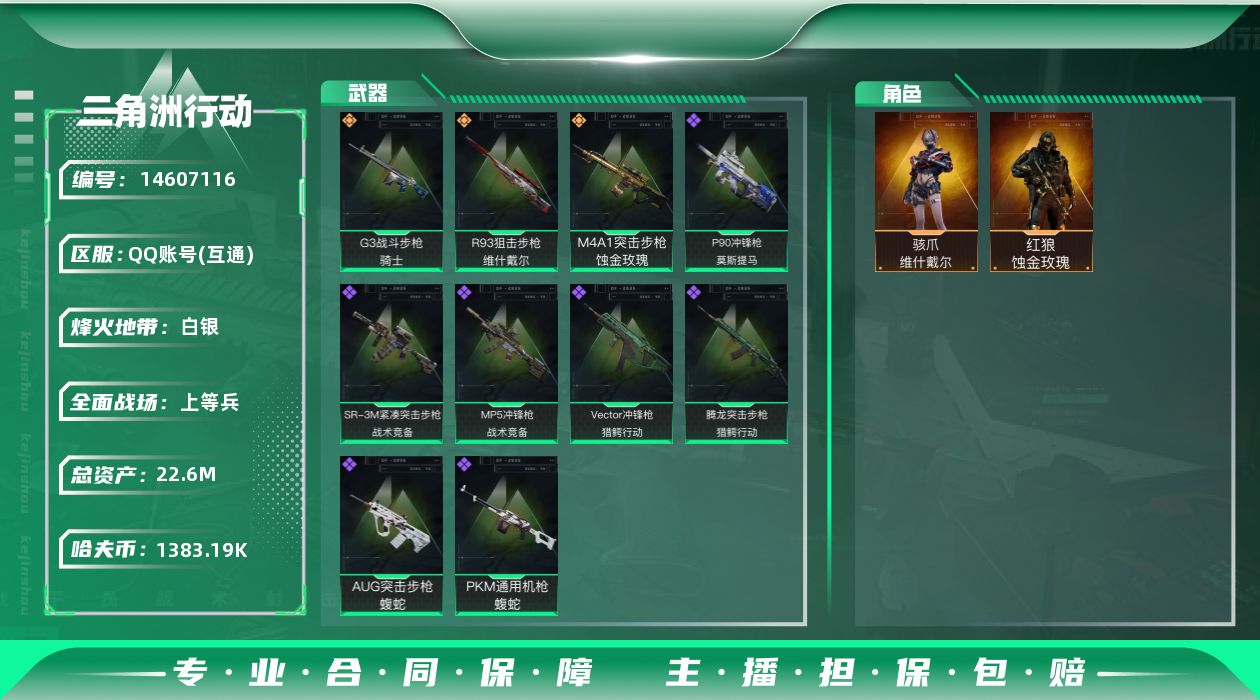 三角洲行动账号QQ[14607116]JHS2610-总资产56.9m-1380w哈夫币【仓库6,体力2,耐力2】【蚀金玫瑰,骇爪-维什戴尔】