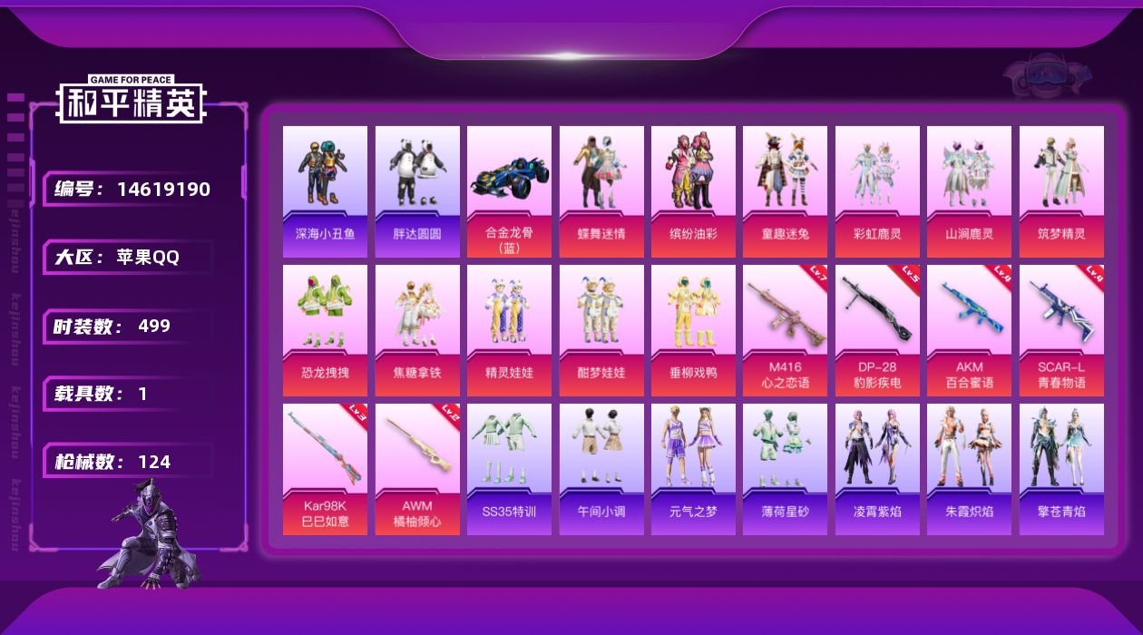 和平精英账号苹果QQ11粉装 6特效枪 1载具 6印记 可二次 可修改实名 
【热门装扮】:蝶舞迷情,缤纷油彩(猪妹猪脸