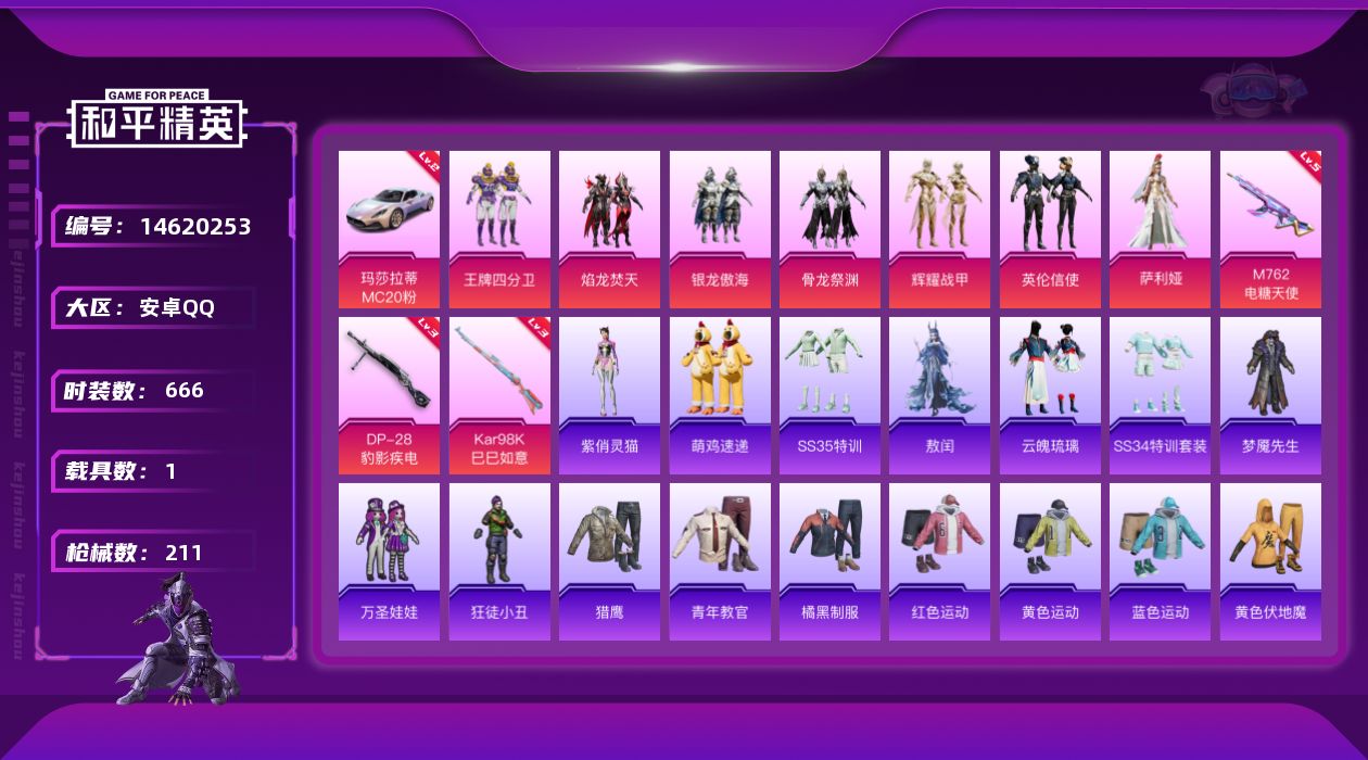 和平精英账号安卓QQ7粉装 3特效枪 1载具 7印记 可二次 可修改实名 
【热门装扮】:英伦信使,萨利娅,王牌四分卫,