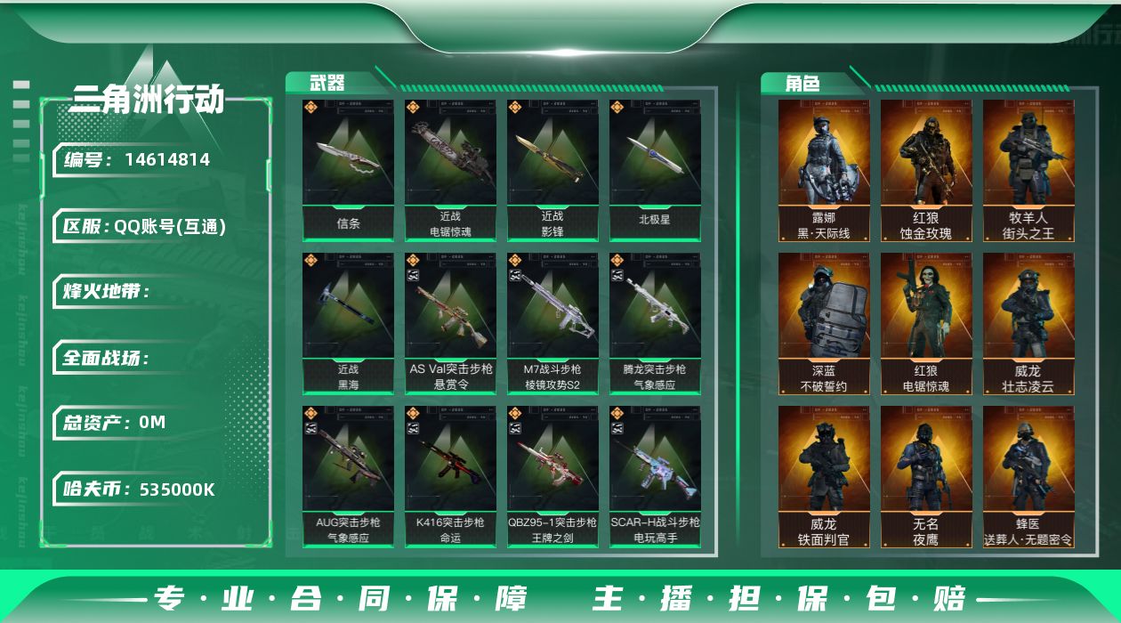 三角洲行动账号QQRs9134/QQ区/总资产1.1B/哈夫币535M/【干员皮肤：红狼-蚀金玫瑰/红狼-电锯惊魂/威