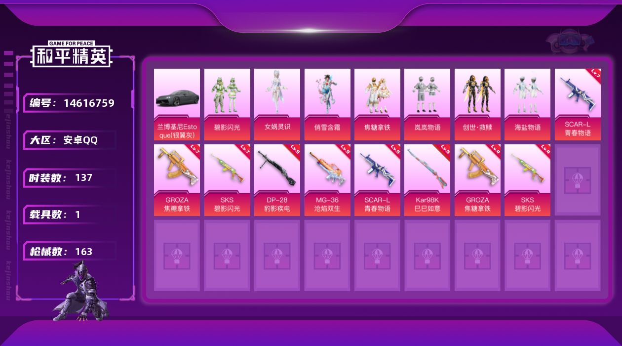和平精英账号安卓QQ[14616759]可二次【店主推荐捡漏号！可直接换绑】安卓 手Q-7粉装-6特效枪-1载具-3粉色飞行器-5.4w热力值-9王牌印记-137套装-163枪皮【热门品类】：套装-浪漫天命，套装-龟仙人