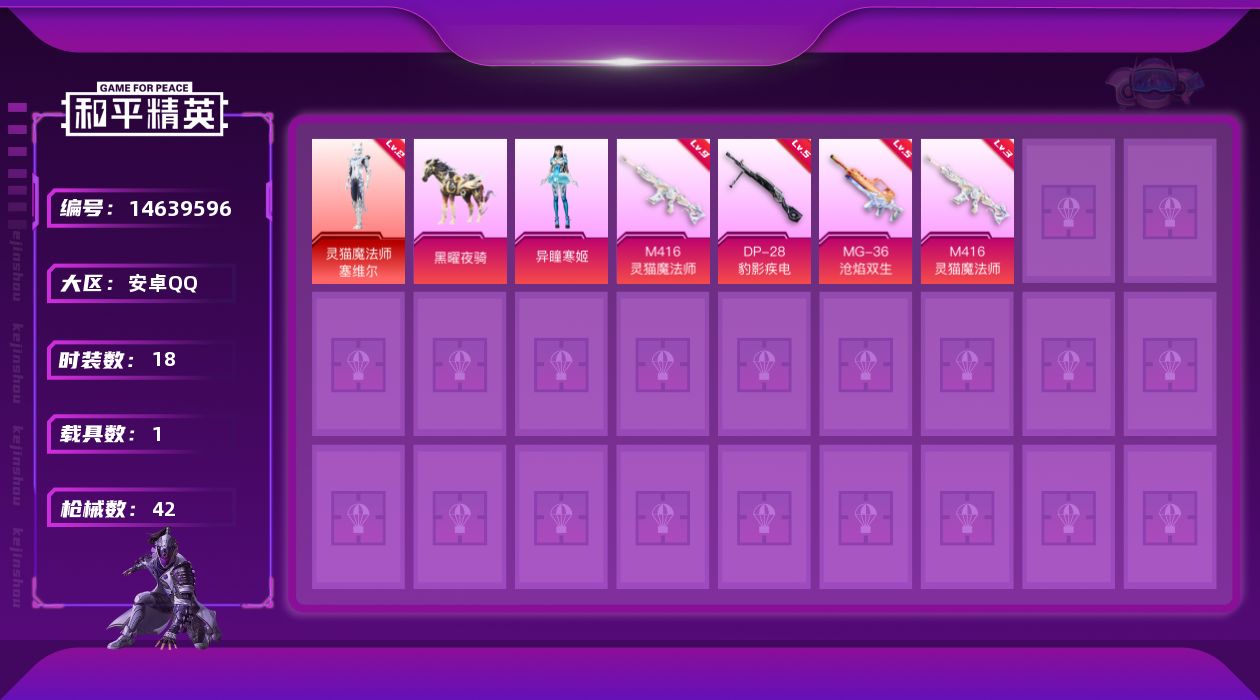 和平精英账号安卓QQ[14639596]【店主推荐捡漏号！可直接换绑】/素材身法号 安卓 手Q-1神装-1粉装-3特效枪-1载具-2粉色飞行器-1.4w热力值-2王牌印记-18套装-42枪皮【红色神装等级】：灵猫魔法师-