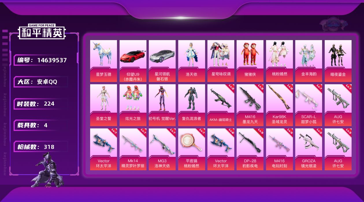 和平精英账号安卓QQ[14639537]【店主推荐捡漏号！可直接换绑】/素材身法号/地铁满天赋 安卓 手Q-10粉装-13特效枪-4载具-10粉色飞行器-10.8w热力值-14王牌印记-224套装-318枪皮【热门品类】