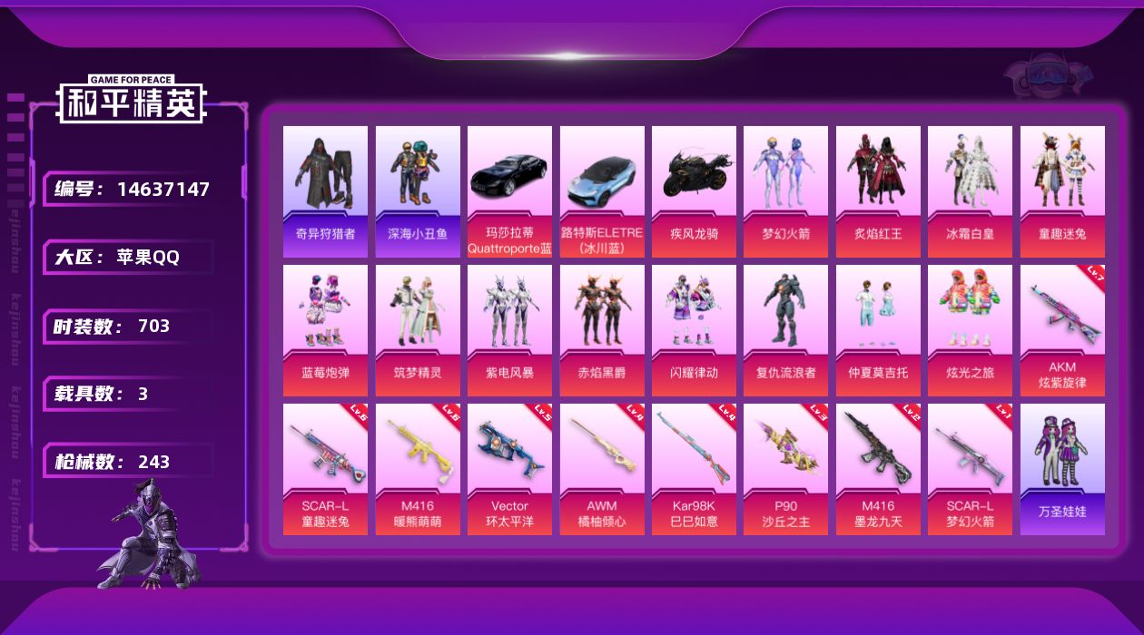 和平精英账号苹果QQ实名: 可修改 时装数: 702 载具数: 3 枪械数: 243 战备数: 153 热门装扮: 奇异