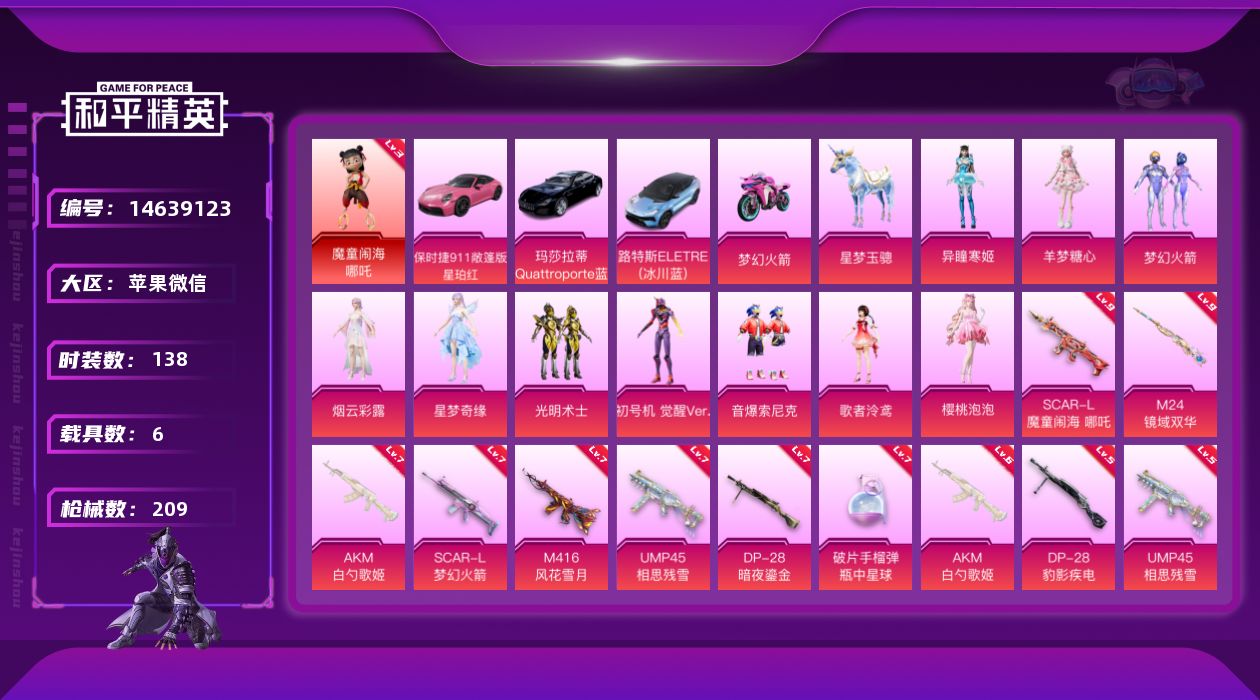 和平精英账号苹果微信[14639123]素材身法号/扭蛋碎片571 苹果 微信-1神装-10粉装-10特效枪-6载具-8粉色飞行器-7.6w热力值-12王牌印记-138套装-209枪皮【红色神装等级】：魔童闹海-哪吒(三