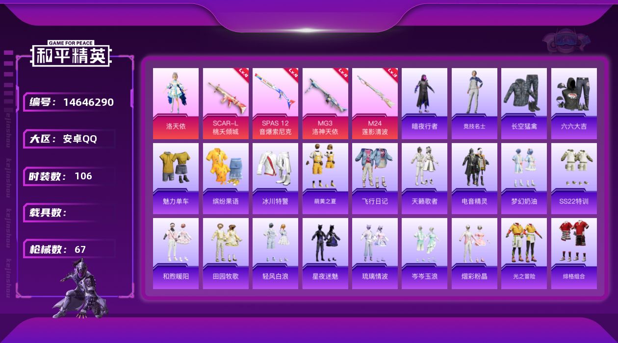 和平精英账号安卓QQ1粉装 4特效枪 2印记 可二次 可修改实名 
【热门装扮】:洛天依,暗夜行者
【稀有枪皮】:MG3