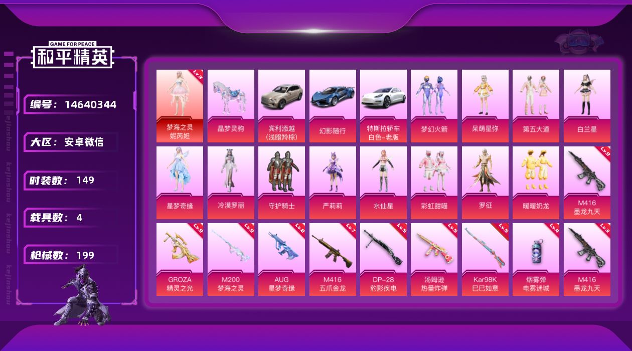 和平精英账号安卓微信"DFX46 安卓V-1红装4载具12粉装10特效枪12热门149套装199枪皮 81271热力值 