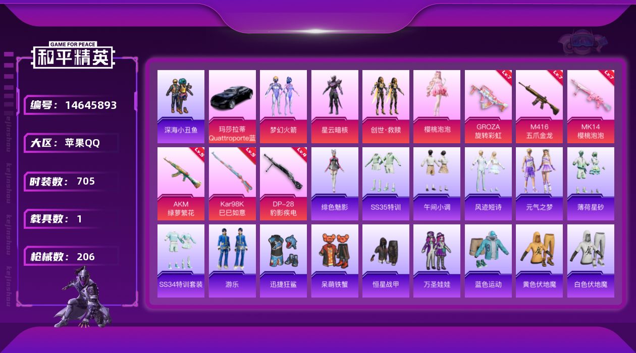 和平精英账号苹果QQ[14645893]4粉装 6特效枪 1.0载具 13印记 可二次 
【热门装扮】迅捷狂鲨,呆萌铁蟹