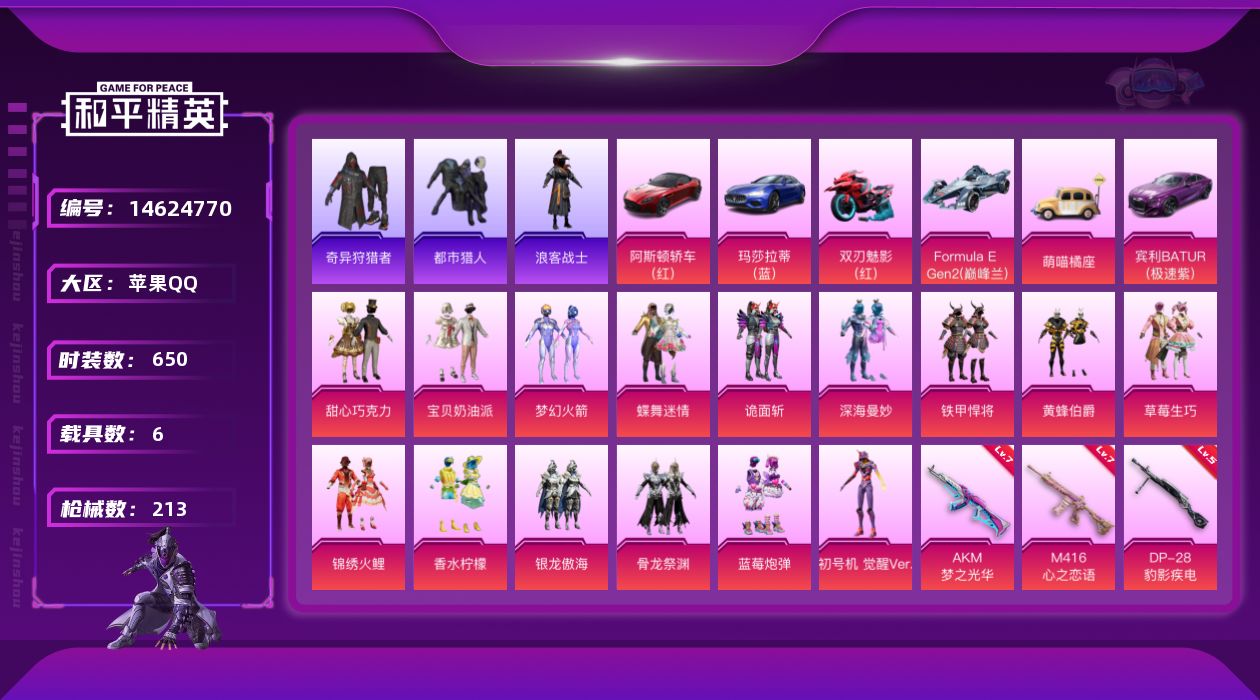 和平精英账号苹果QQ[14624770]16粉装 9特效枪 6.0载具 6印记 可二次 
【热门装扮】都市猎人,鹰眼刺客