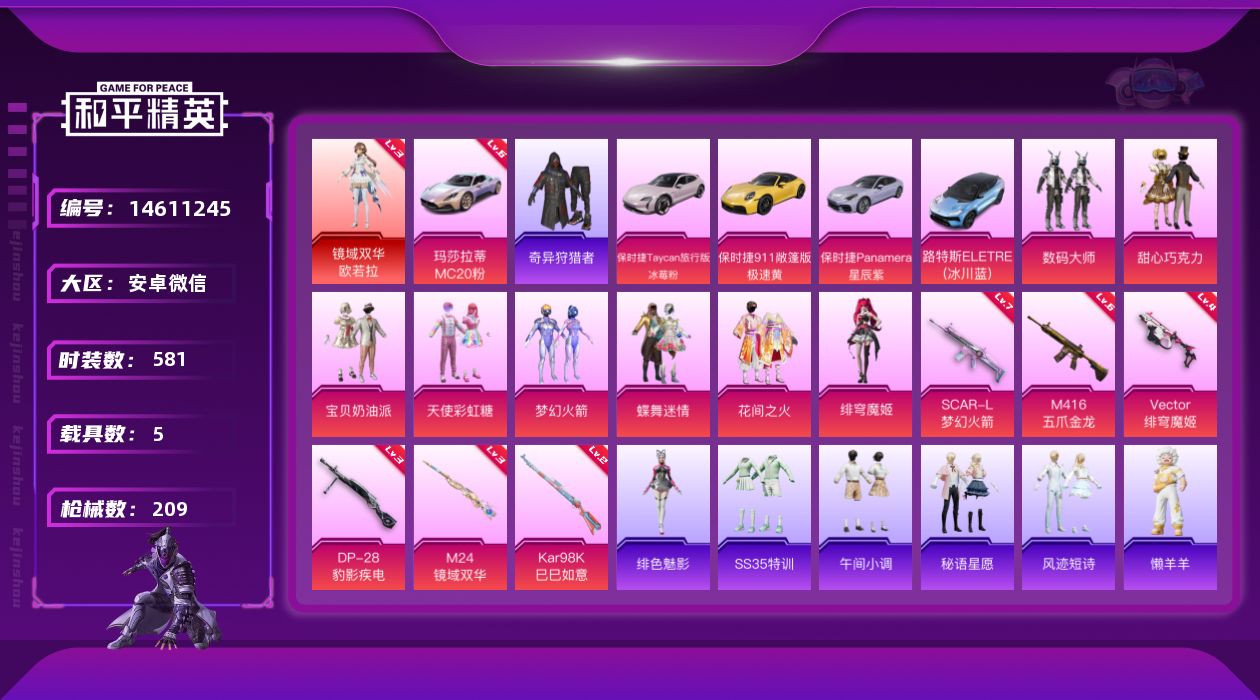 和平精英账号安卓微信[14611245]1红装 8粉装 6特效枪 5.0载具 9印记 可二次 
【三级神装】三级镜域双华