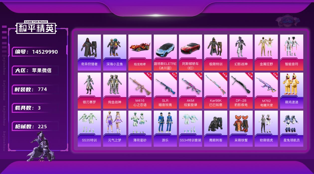 和平精英账号苹果微信[14529990]6粉装 6特效枪 3.0载具 14印记 可二次 
【热门装扮】鹰眼刺客,极限特训