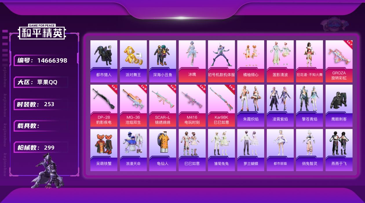 和平精英账号苹果QQ" DF140苹果Q-7稀有5粉装6特效枪25热门253套装299枪皮 90423热力值 19印记 