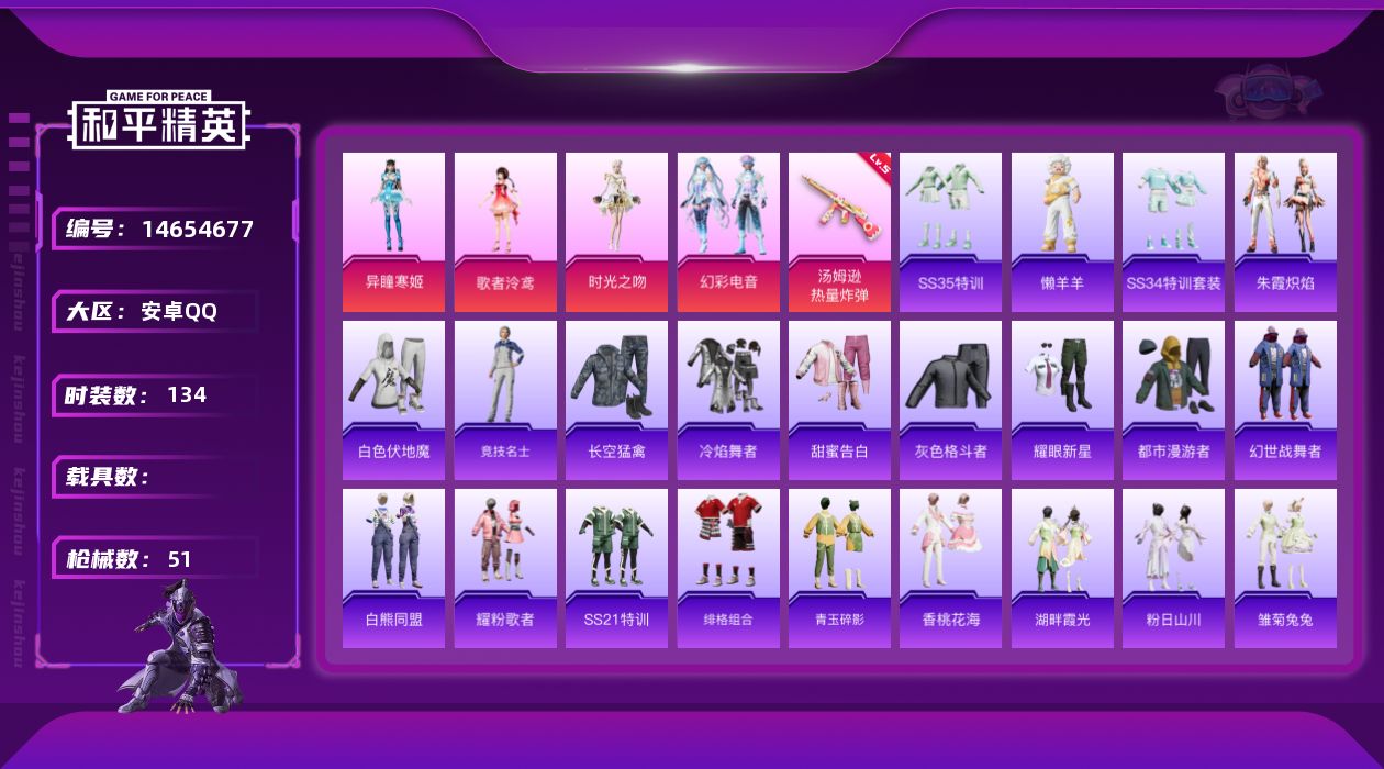 和平精英账号安卓QQ[14654677]4粉装 1特效枪 可二次 可修改实名 
【热门装扮】:时光之吻,异瞳寒姬,幻彩电