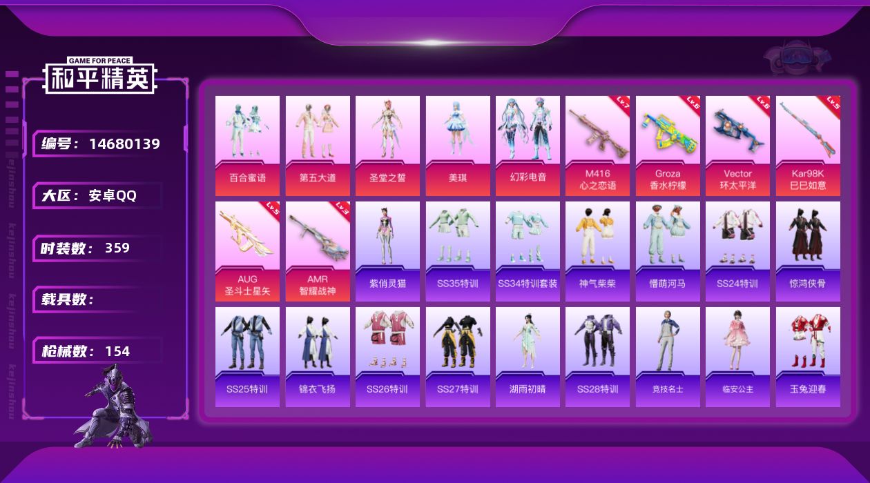 和平精英账号安卓QQ[14680139]实名: 可修改 时装数: 94 枪械数: 154 战备数: 100 热门装扮: 