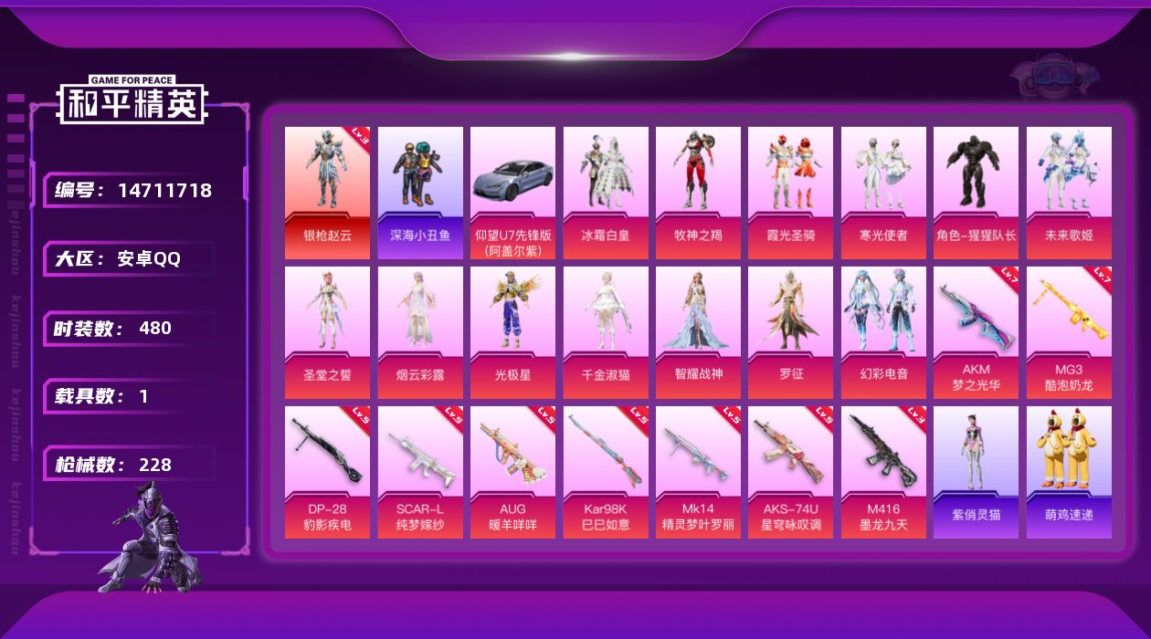 和平精英账号安卓QQ1红装 13粉装 9特效枪 1载具 13印记 可二次 可修改实名 
【三级神装】:三级银枪赵云(3级