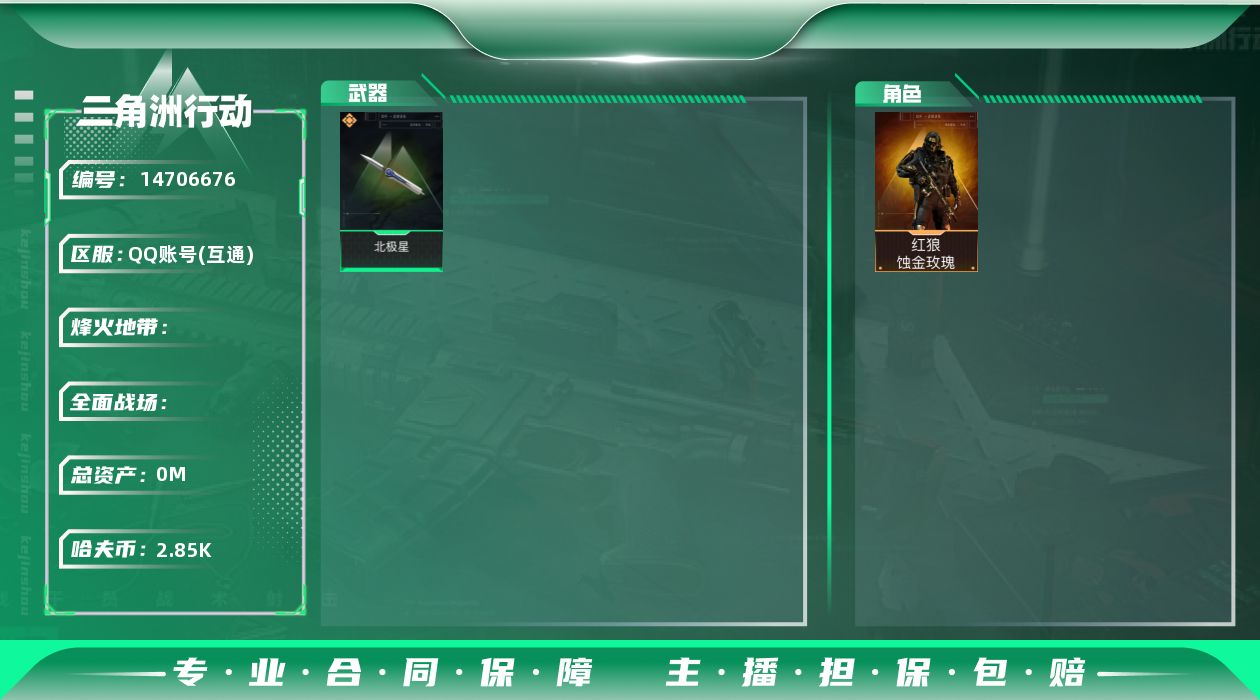 三角洲行动账号QQSJ147/QQ区/可二次/【总资产：295M，近战武器-北极星，红狼蚀金玫瑰，】哈夫币：2852W