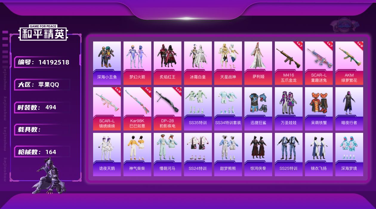 和平精英账号苹果QQ0载具-0套装-164枪皮-实名: 可修改 时装数: 494 枪械数: 164 战备数: 122 热