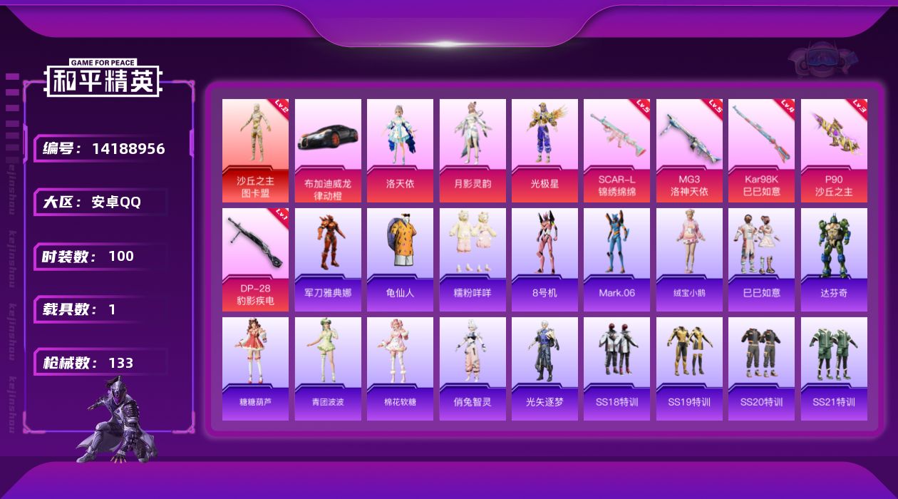 和平精英账号安卓QQ[14188956]可二次【店主推荐捡漏号！可直接换绑】/素材身法号 安卓 手Q-1神装-3粉装-5特效枪-1载具-1粉色飞行器-4.2w热力值-3王牌印记-100套装-133枪皮【红色神装等级】：沙