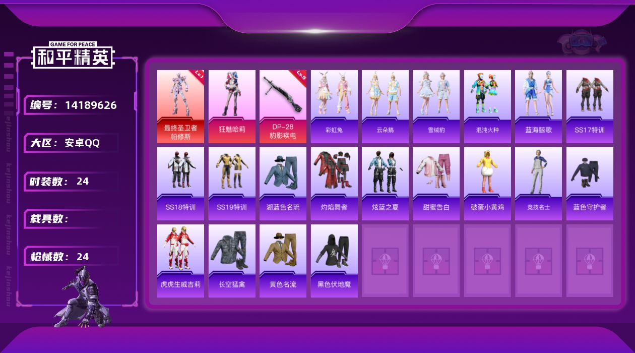 和平精英账号安卓QQ[14189626]可二次【店主推荐捡漏号！可直接换绑】 安卓 手Q-1神装-1粉装-1特效枪-9762热力值-1王牌印记-24套装-24枪皮【红色神装等级】：最终圣卫者-帕修斯(一级)【粉色套装】：