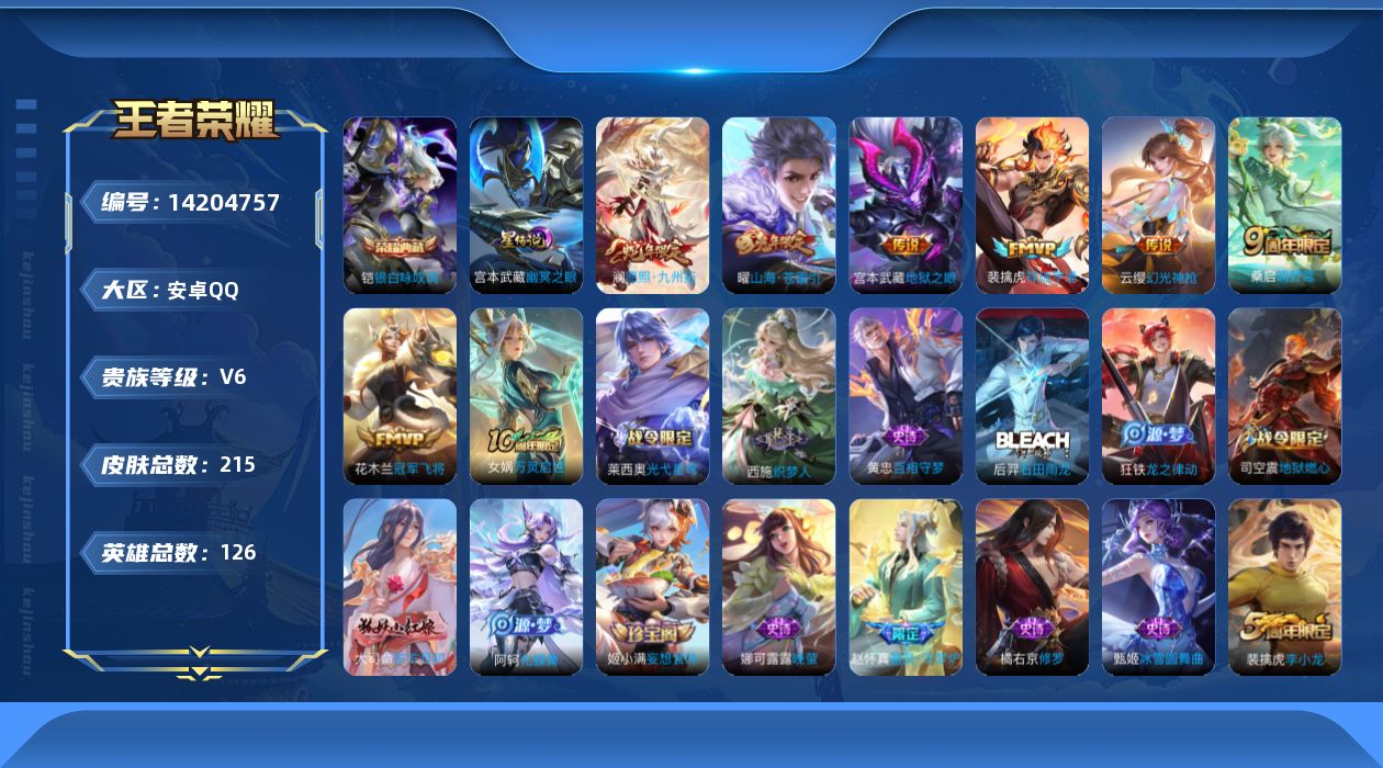 王者荣耀账号安卓QQ[14204757]可二次【店主推荐捡漏号！可直接换绑/55段打野/两个省标/八个市标/三千七星币可兑换星元皮肤】：安卓Q-V6-最强王者段位-126英雄-215皮肤-1典藏皮肤-1星元-7传说-59