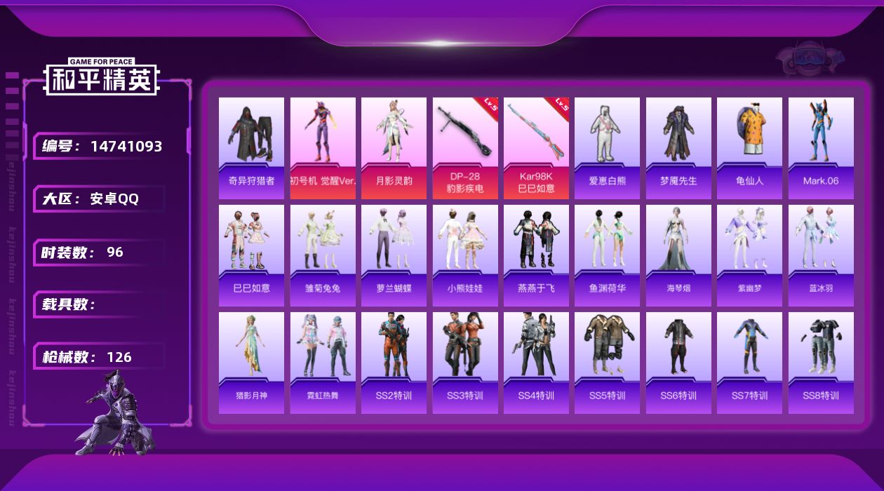 和平精英账号安卓QQ[14741093]可二次【店主推荐捡漏号！可直接换绑】/地铁满天赋 安卓 手Q-2粉装-2特效枪-1粉色飞行器-3.7w热力值-8王牌印记-96套装-126枪皮【热门品类】：套装-奇异狩猎者，套装-