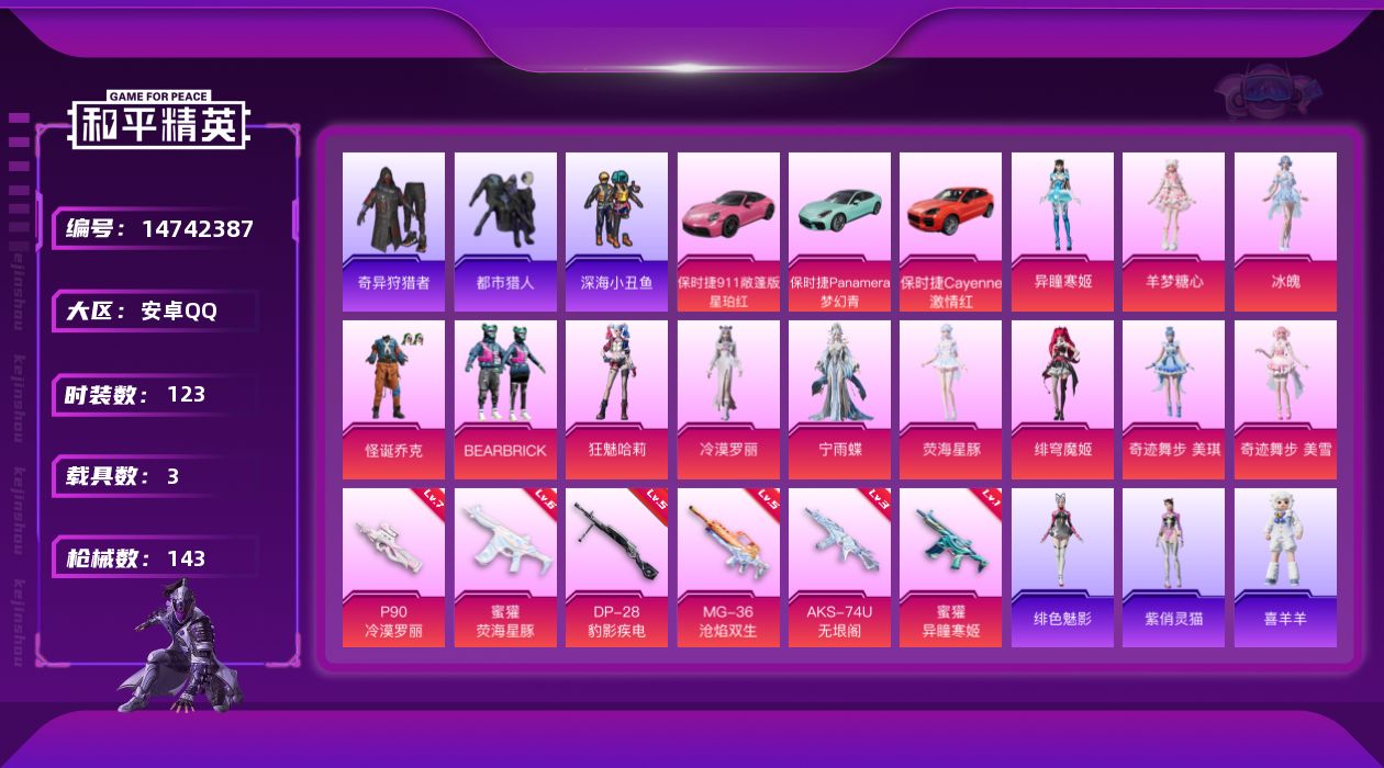 和平精英账号安卓QQ[14742387]可二次【店主推荐捡漏号！可直接换绑】/素材身法号 安卓 手Q-12粉装-6特效枪-3载具-3粉色飞行器-4.9w热力值-5王牌印记-123套装-143枪皮【热门品类】：粉装-怪诞乔
