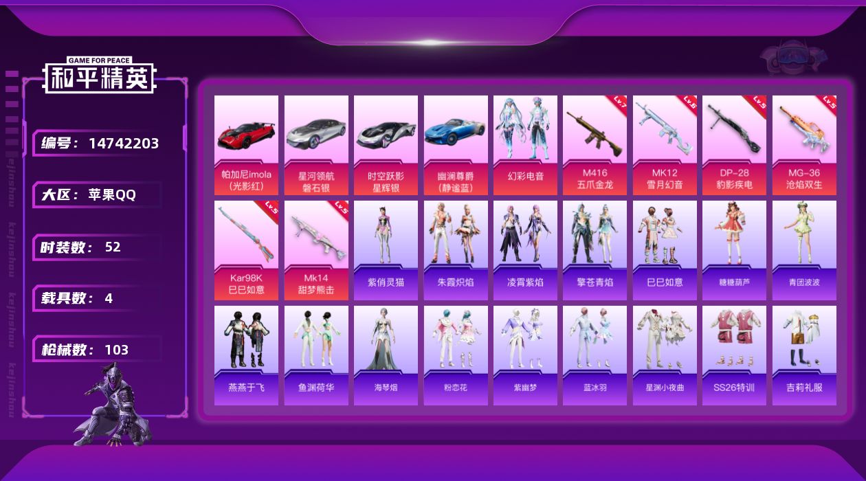 和平精英账号苹果QQ[14742203]可二次【店主推荐捡漏号！可直接换绑】/素材身法号 苹果 手Q-1粉装-6特效枪-4载具-2粉色飞行器-3.2w热力值-5王牌印记-52套装-103枪皮【粉色套装】：粉装-幻彩电音【