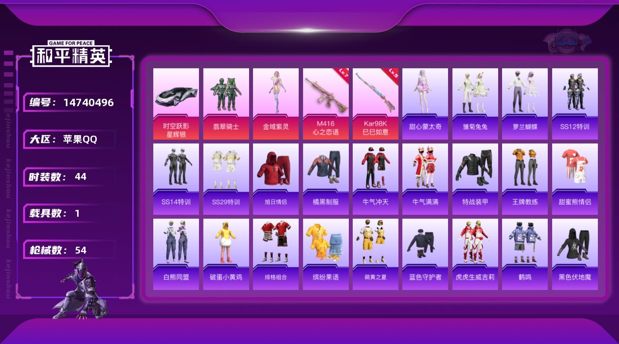 和平精英账号苹果QQ[14740496]可二次【店主推荐捡漏号！可直接换绑】苹果 手Q-2粉装-2特效枪-1载具-1粉色飞行器-2.25w热力值-1王牌印记-44套装-54枪皮
【粉色套装】：粉装-翡翠骑士，角色-金域紫