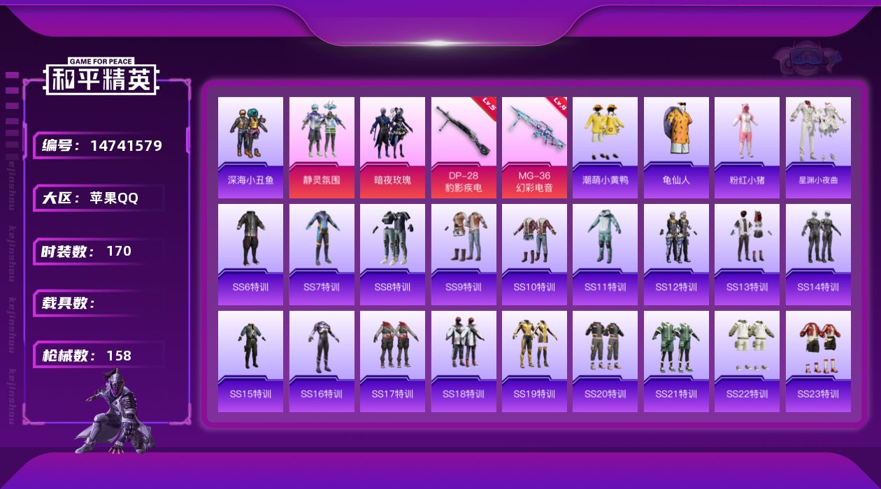 和平精英账号苹果QQ[14741579]【店主推荐捡漏号！可直接换绑】 苹果 手Q-2粉装-2特效枪-1粉色飞行器-4.9w热力值-5王牌印记-170套装-158枪皮【热门品类】：套装-深海小丑鱼，套装-龟仙人，套装-潮