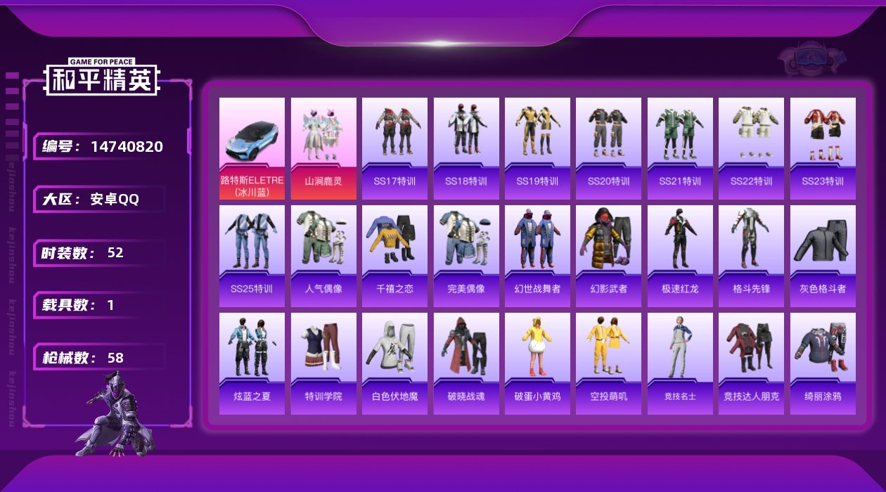和平精英账号安卓QQ[14740820]可二次【店主推荐捡漏号！可直接换绑】安卓 手Q-1粉装-1载具-1粉色飞行器-2w热力值-4王牌印记-52套装-58枪皮【粉色套装】：粉装-山涧鹿灵【粉色载具】：路特斯ELETRE