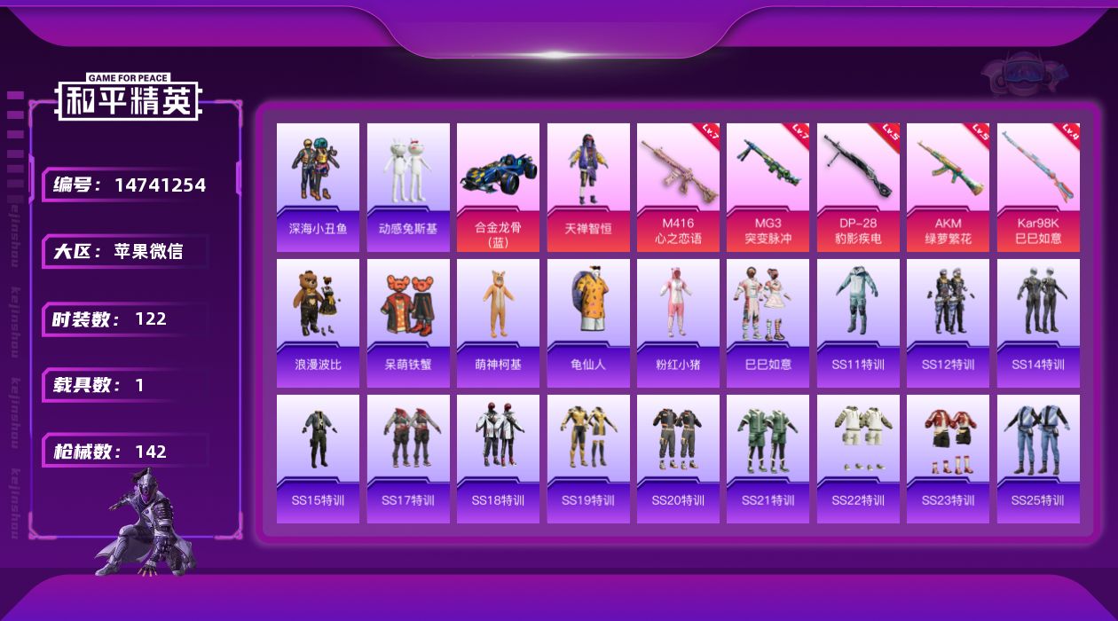 和平精英账号苹果微信[14741254]苹果 微信-1粉装-5特效枪-1载具-2粉色飞行器-4.3w热力值-11王牌印记-122套装-142枪皮【热门品类】：套装-深海小丑鱼，套装-动感兔斯基人偶服，套装-龟仙人，套装-