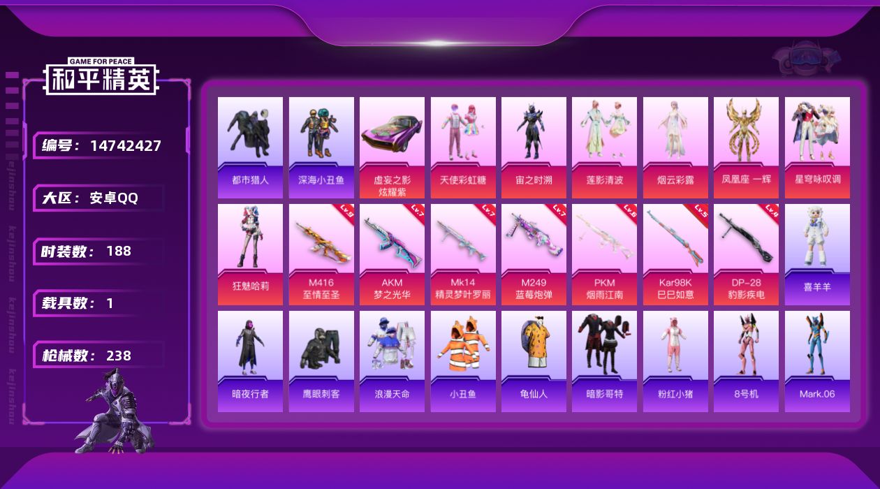 和平精英账号安卓QQ[14742427]可二次【店主推荐捡漏号！可直接换绑】/素材身法号/M416-至情至圣(九级)  安卓 手Q-7粉装-7特效枪-1载具-4粉色飞行器-7.7w热力值-14王牌印记-188套装-238